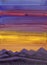 Hand drawn acrylic, oil or gouache painting. Violet, orange, red and yellow sun set sky. Blue and purple mountain silhouette.