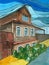 Hand drawn acrylic wooden house in small russian town