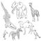 Hand Drawn African Animals and Birds. Doodle Drawings of Elephant, Zebra, Giraffe, Camel, Marabou and Secretary-bird. Sketch Style