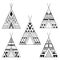 Hand drawn American native wigwams set with ethnic ornamental elements. Teepee boho designs. Monochrome yurt, indian home vector