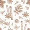 Hand Drawn Anise, Mint, Cinnamon, Clove and Vanilla Vector Seamless Background Pattern. Spices Sketches Card or Cover