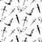 Hand drawn antique magic seamless pattern. Vector sketch endless illustration with bats, ancient swords and daggers. Halloween