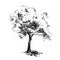 Hand-drawn aple tree. Black and white realistic image, sketch painted with ink brush.