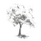 Hand-drawn aple tree. Realistic image in shades of gray, sketch painted with ink brush