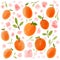 Hand drawn apricots and pink flowers of peaches. Harvest background, natural tasty ripe fruits