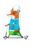 Hand-drawn aquarelle illustration of stylish cartoon fox on scooter wearing bright t-shirt and trousers listening to