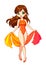 Hand drawn art, anime cartoon style. Girl wearing swimsuit with pareo. Vector illustration