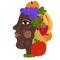 Hand drawn artist illustration of black african woman with various fruits. Green organic fresh food package packaging