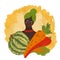 Hand drawn artist illustration of black african woman with various vegetables. Green organic fresh food package