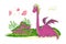 Hand drawn artistic funny dinosaur portrait with nature elements on white background.