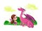 Hand drawn artistic illustration of cute little girl and friendly dinosaur