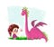 Hand drawn artistic illustration of cute little girl and friendly dinosaur with nature elements