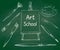 Hand drawn artwork on a green chalkboard. The inscription on the canvas Art school. Vector illustration of a sketch style