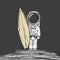 Hand drawn astronaut surfer with surfboard on dark spacw background