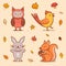Hand drawn autumn animals set Vector illustration.