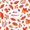 Hand drawn autumn leaves with text Hello autumn. Background with Fall leaves. Forest design elements.