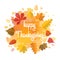 Hand drawn autumn typography poster with cute colorful leaves in flat style