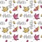 Hand drawn Autumn vector seamless pattern. Maple leaves, umbrellas and little birds, the inscription Hello