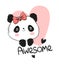 Hand Drawn Awesome Panda bear and heart. Cute cartoon character. Children print on t-shirt.
