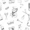 Hand drawn barbershop seamless pattern with accessories comb, razor, shaving brush, scissors, hairdryer, barber s pole