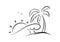 Hand drawn beach landscape with palm tree, ocean wave and sun. Sketch line design