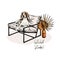 Hand drawn beagle dog lies in modern designer chair. Stay home. Vector engraved quarantine poster. Stay chick, stay at