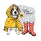 Hand drawn beagle with yellow raincoat and gumboots. Vector spring greeting card. Cute colorful dog with daffodil flower