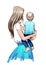 Hand drawn beautiful art of woman with a baby boy in her arms. Fashionable woman in a skirt