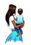 Hand drawn beautiful art of woman with a baby boy in her arms. Fashionable woman in a skirt