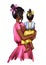 Hand drawn beautiful art of a woman with a baby girl in her arms. Fashionable woman in a pink dress. Stylish cute woman with hair