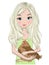 Hand drawn beautiful, cute, blonde girl with chicken in hands.