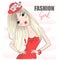 Hand drawn beautiful cute cartoon fashion girl in red dress.