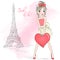 Hand drawn beautiful cute girl with heart on the background of Eiffel Tower. .