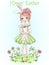 Hand drawn beautiful cute girl with rabbit in her hands on background of flowers with inscription Happy Easter.