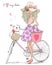 Hand drawn beautiful, cute girl stands near bicycle with a basket full of flowers.