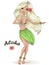 Hand drawn beautiful cute hula girl with hibiscus necklace on the background with inscription Aloha. Hawaii concept.