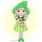 Hand drawn beautiful, cute, leprechaun gnome girl with lantern.