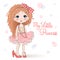 Hand drawn beautiful, cute, little curly red-haired girl in mother`s shoes.