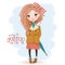 Hand drawn beautiful cute little curly, red-haired girl with umbrella on background with an inscription autumn.