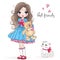 Hand drawn beautiful cute little princess girl with teddy bear and cat.