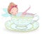 Hand drawn beautiful, cute, little redhead curly fairy girl with freckles takes a bath in a porcelain cup.