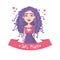 Hand drawn beautiful, cute, purple curly girl with words girl power. Vector illustration. Fashion