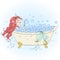 Hand drawn beautiful, cute, romantic redhead mermaid girl in the bathroom blow bubbles..