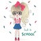 Hand drawn beautiful cute schoolgirl with backpacks on background with the inscription Back to School.