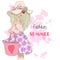 Hand drawn beautiful cute summer girls on the background with inscription fashion summer.