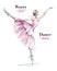 Hand drawn beautiful dancing woman. Pretty ballerina. Girl in blue point shoes. Ballerina in pink dress. Beautiful ballet dancer.