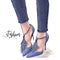 Hand drawn beautiful female legs. Stylish women blue shoes and jeans. Sketch Vector illustration