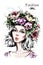 Hand drawn beautiful forest girl in flower wreath. Young woman looks like a nymph dryad. Fashion woman portrait.