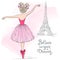 Hand drawn beautiful, lovely ballerina girl with flowers on her head and background with eiffel tower.
