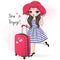 Hand drawn beautiful  lovely girl with a suitcase standing on the background with the words Bon voyage.